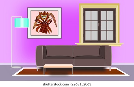 Living room interior design with sofa, light, wall clock,  vas, flower, book,  red carpet,  paintings.  Flat style vector illustration