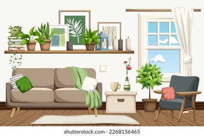 Living room interior design with a sofa, an armchair, home decor, and houseplants. Cozy modern room interior design. Cartoon vector illustration