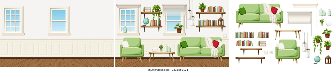 Living room interior design with a sofa, an armchair, a table, and bookshelves. Empty room and furniture set. Interior constructor. Cartoon vector illustration