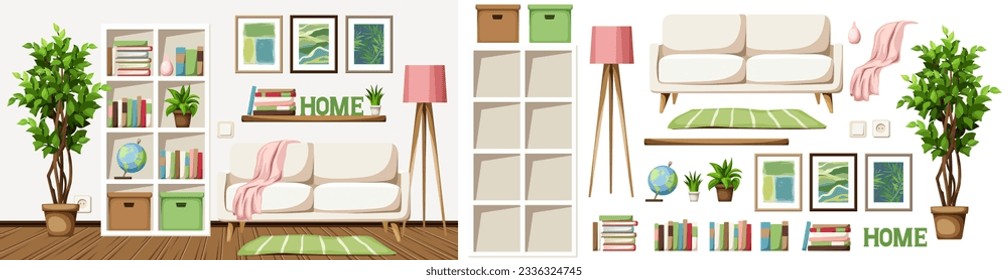 Living room interior design with a sofa, a shelving, a floor lamp, and a ficus tree in a pot. Furniture set. Interior constructor. Cartoon vector illustration