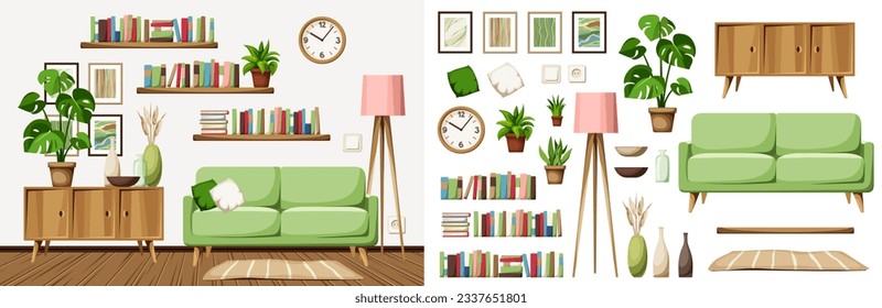 Living room interior design with a sofa, a dresser, books on bookshelves, a floor lamp, and a monstera in a pot. Furniture set. Interior constructor. Cartoon vector illustration