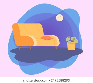 Living room interior design. Sofa with cushion, plant in pot, clock on wall flat vector illustration. Design, home concept for banner, website design or landing page