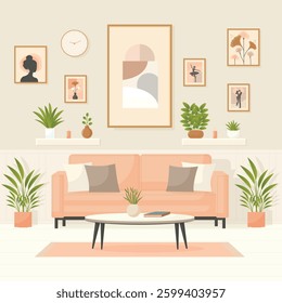 Living Room Interior Design with Sofa Table and Wall Pictures Flat Vector Illustration.