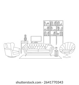 Living room interior design with sofa chairs and bookshelf line art