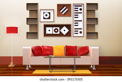 Living room interior design with sofa pillows and lamp isometric vector illustration 