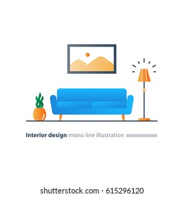 Living room interior design, sofa and floor lamp, picture and plant pot, minimalist style, vector flat illustration