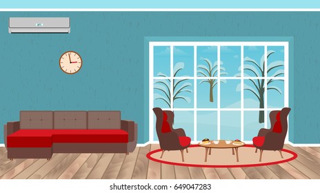 Living room interior design with sofa, armchairs, dessert table, clock, air conditioner and winter landscape outside the window. Flat vector illustration