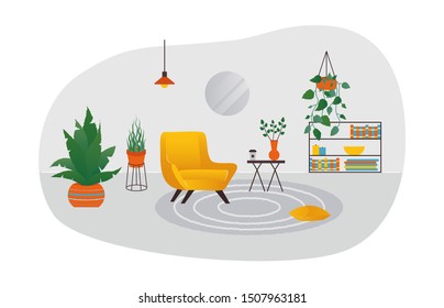 Living room interior design template. Vector cozy apartment flat decor of living room in Scandinavian style. Trendy yellow armchair and plants wooden furniture