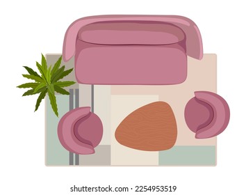 Living room interior design top view. Soft sofa, armchairs, coffee table, carpet and potted plants in apartment, lounge area overhead. Flat realistic vector illustration isolated on white background.