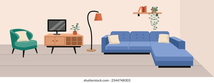 Living room interior design. Tv cabinet. Tv desk. Hanging plant. Cozy sofa. Modern living room. Living room landscape. Blue couch.