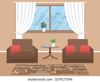 Living room interior design with two armchairs, table and window. Domestic room with sfurniture in flat style