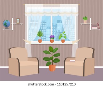 Living room interior design with two armchairs, houseplant and window. Domestic room with sfurniture. Flat style vector illustration.