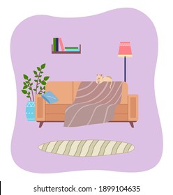 Living room interior design vector illustration. Cat lies on the back of the sofa. Arrangement of furniture and layout of premises in the apartment. Houseplant next to the couch covered with a blanket