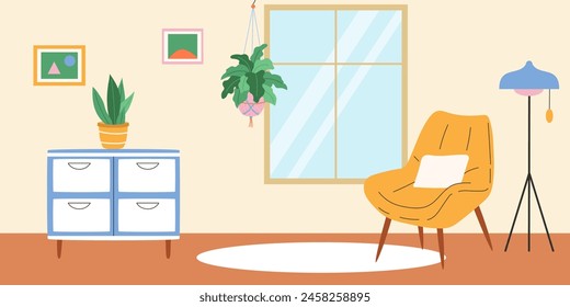 Wohnzimmer Innenarchitektur mit Fenster und Makramee Pflanze. Vektorillustration