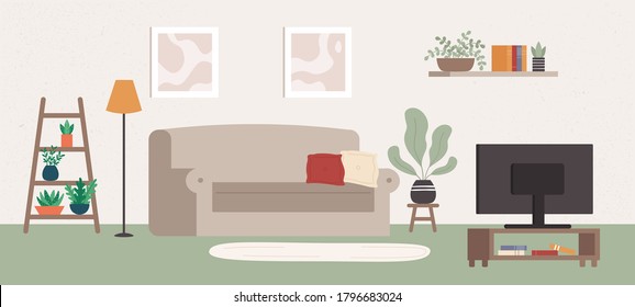 Living room interior with different furniture and TV. Indoor items as comfortable sofa with pillows, plants, shelf with books, lamp and pictures in frames on wall vector illustration