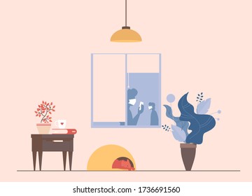 Living room interior during coronavirus outbreak vector flat cartoon illustration. Cat sleeps on pets bed, people silhouettes in medical masks holding smartphones in hands, houseplants.