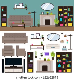 Living room interior elements collection with furniture plants mirror closet cupboard lamps tv fireplace air conditioning isolated vector illustration