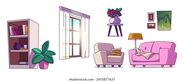 Living room interior elements with pink sofa and flowers in pot and vase, bookcase with books and decorative objects, window with curtains and wall pictures, armchair with pillow and floor lamp.