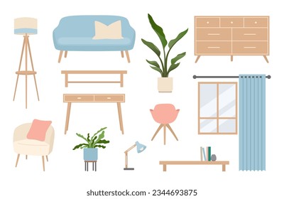 Los elementos interiores de la sala de estar están decorados con dibujos animados planos. Bonito y romántico interior. sofá vectorial, sillón, cómoda, ilustración de plantas domésticas.