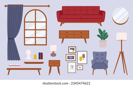 Living room interior elements set in flat retro style. Vector red retro sofa, armchair, posters.