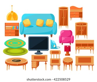 Living Room Interior Elements Set Of Bright Color Simplified Style Vector Icons Isolated On White Background