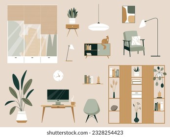 Living Room Interior Elements Vector Set. Wooden furniture, plants, bookcase, paintings, armchair, lamps, shelf, window6 workspace. Modern minimalistic trendy collection for home apartment design