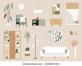 Conjunto de vectores de elementos interiores de la sala de estar. Mobiliario de madera, plantas, sofá, sofá, biblioteca, cuadros, sillón, lámparas, estantería y ventana. Moderna colección minimalista de moda para el diseño de apartamentos en casa