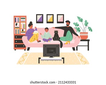 Living room interior with family sitting on couch behind TV, flat cartoon vector illustration isolated on white background. Family spending spare evening watching movie.