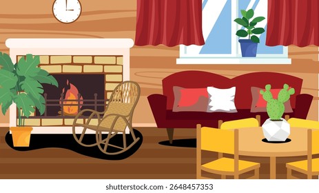 Living room interior with fireplace, armchair, pillows and rocking chair. Flat vector illustration.