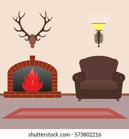 Living room interior with fireplace, armchair and deer antlers on the wall in flat style. Vintage design. Vector illustration.