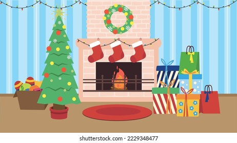 Living room interior with fireplace and Christmas tree and gifts