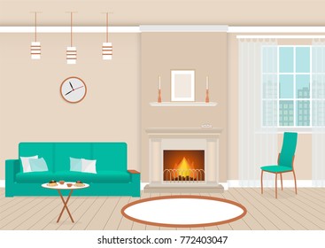 Living room interior with fireplace and furniture. Domestic room design with burning fire in furnace, hot drinks and desserts on a table. Vector illustration.