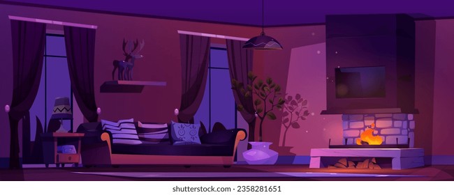 Living room interior with fireplace at night. Cartoon vector illustration of dark room inside with cozy sofa and pillows, windows with curtains and light from burning fire. Rustic house or chalet.