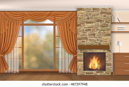 Living room interior with fireplace of stone and autumn scenery outside the window. Realistic vector interior.