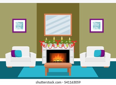 Living room interior with fir-tree on fireplace. Christmas design. Vector in flat style including furniture.