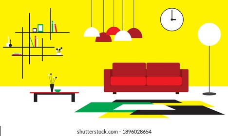 Living room interior flat design. Colorful furniture, lamp, sofa, table, library, carpet. Cartoon style vector illustration. 