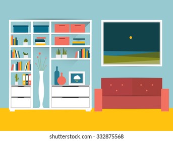 Living room interior. Flat design vector illustration.