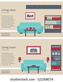 Living room interior in flat design with furniture. Banners. Vector background.