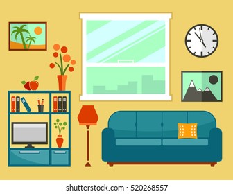 living room interior with flat furniture. apartment room interior furniture set for cozy furnishing home illustration.