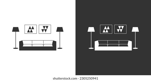 Living room interior flat icon isolated on black and white backgrounds. Furniture icon with sofa, two floor lamps and posters