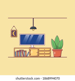 Living Room Interior Flat Illustration Design. For Web, Pamphlet, Flyer, Showcasing, Banner, Concept, Full Vector