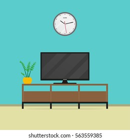 Living room interior with flat screen TV and TV stand. Vector illustration.