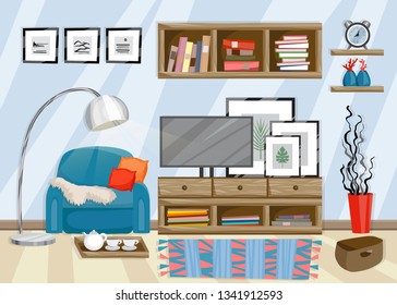 Living room interior in flat style. Vector illustration.