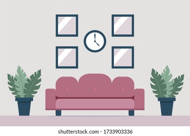 Living room interior in flat style. Vector. Couch, pictures, wall clock, plants  in pots. Pastel colors