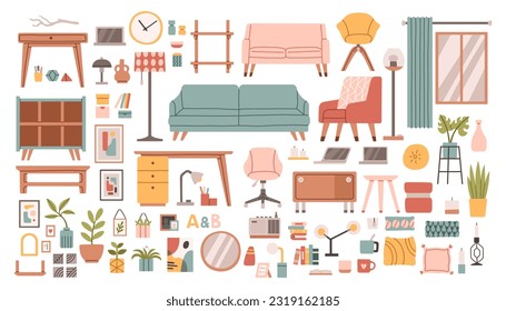 Sala de estar interior de estilo plano elementos de casa aislados en blanco. sofá vectorial, sillón, estantes ilustración