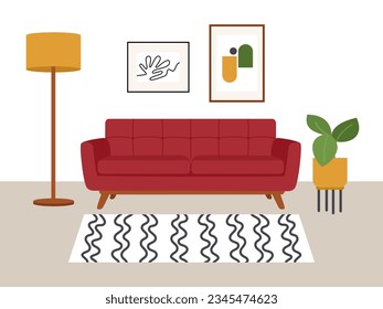 Living room interior in flat style. Red sofa, carpet, floor lamp, posters on a white background.