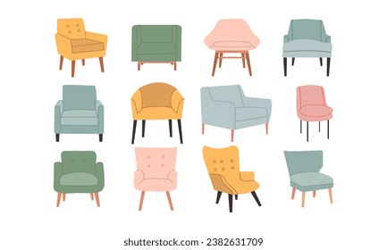 Living room interior flat style home elements set isolated on white background . Vector armchairs , different color and shapes ,pink, yellow , blue and green for different design uses .