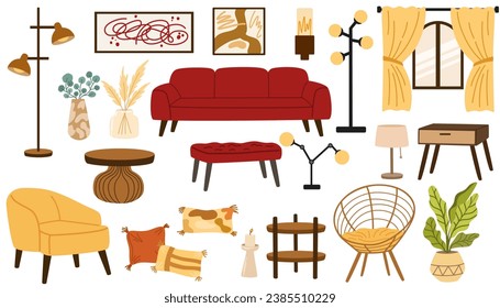 Living room interior flat style home elements set isolated on white. Vector sofa, armchair, shelves, decor, plants illustration