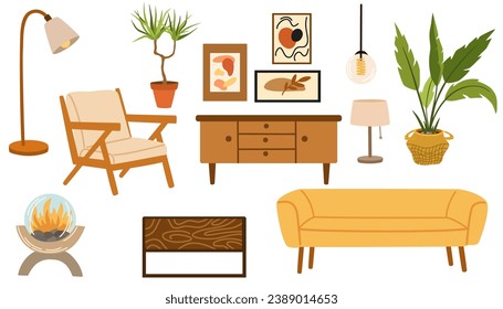 Living room interior flat style home elements set isolated on white. Vector sofa, armchair, shelves, decor, plants illustration