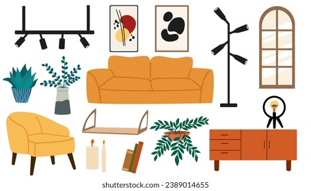 Living room interior flat style home elements set isolated on white. Vector sofa, armchair, shelves, decor, plants illustration